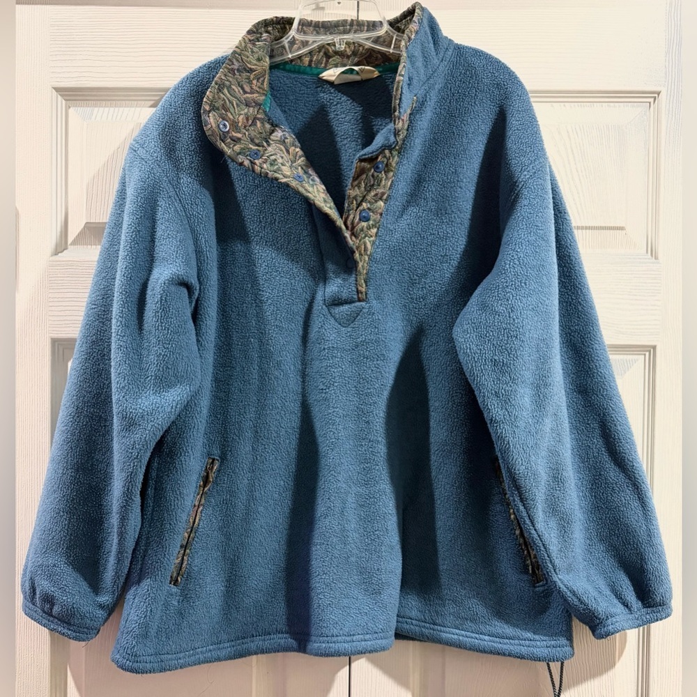 Rare Vintage Lands End Fleece Tapestry Trim Blue Women’s XL Coastal Grandma